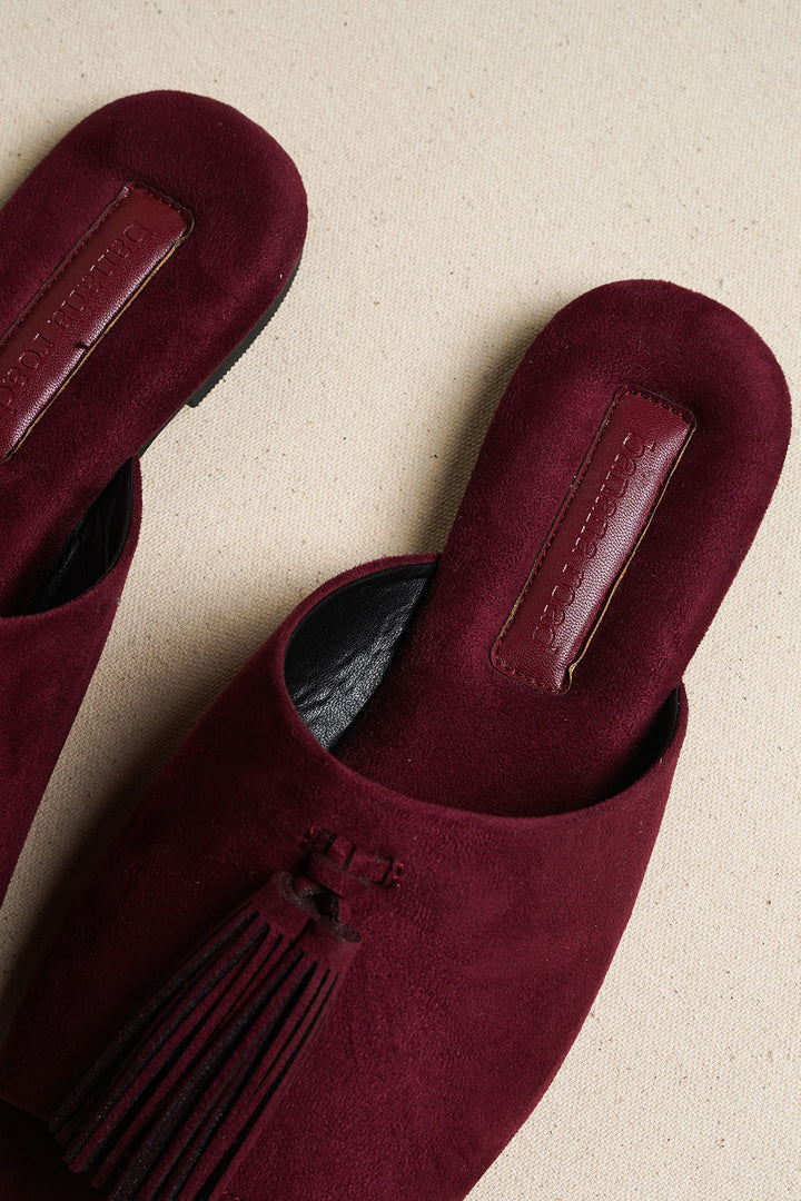 PLUM TROPIC TASSEL SLIDES