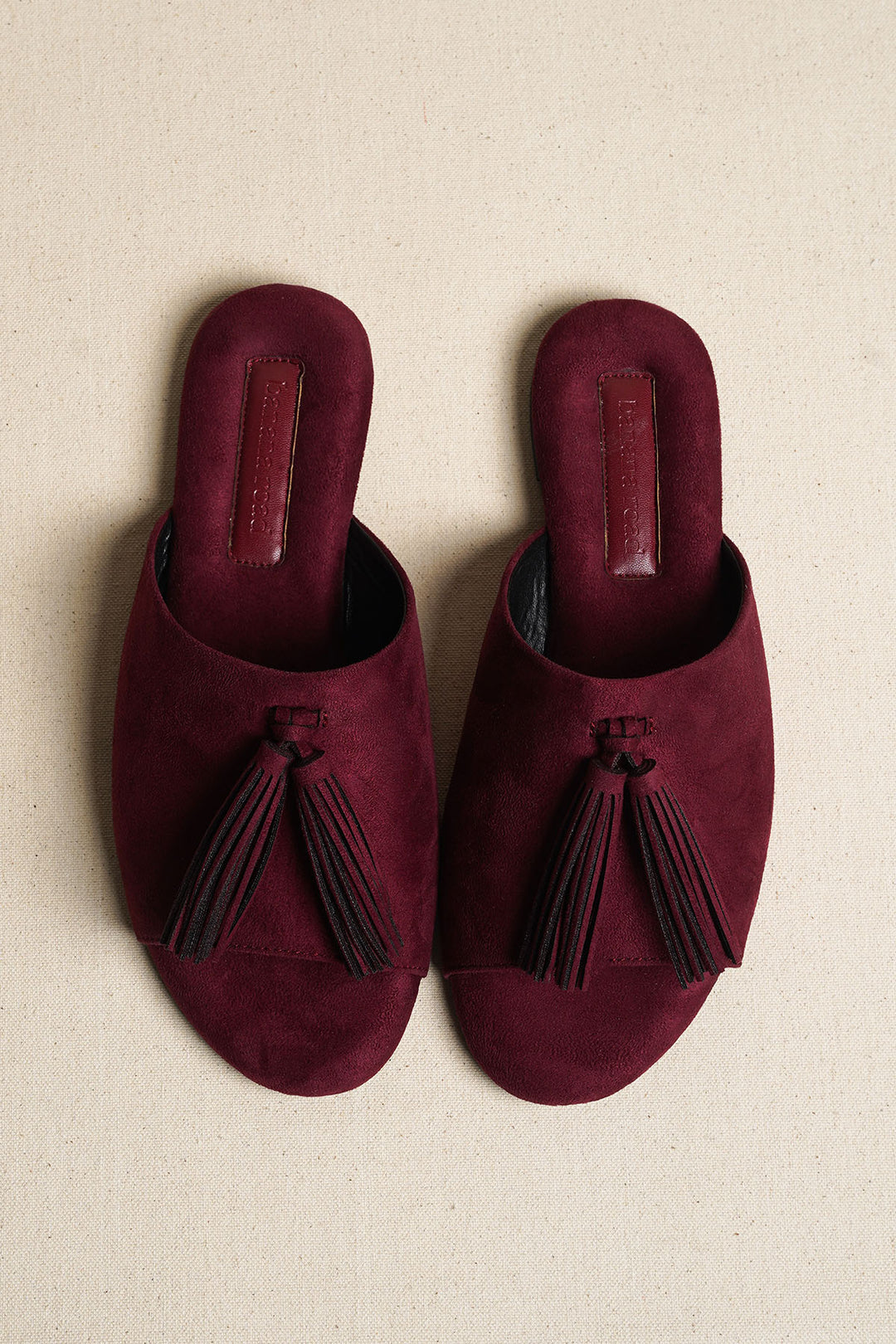 PLUM TROPIC TASSEL SLIDES