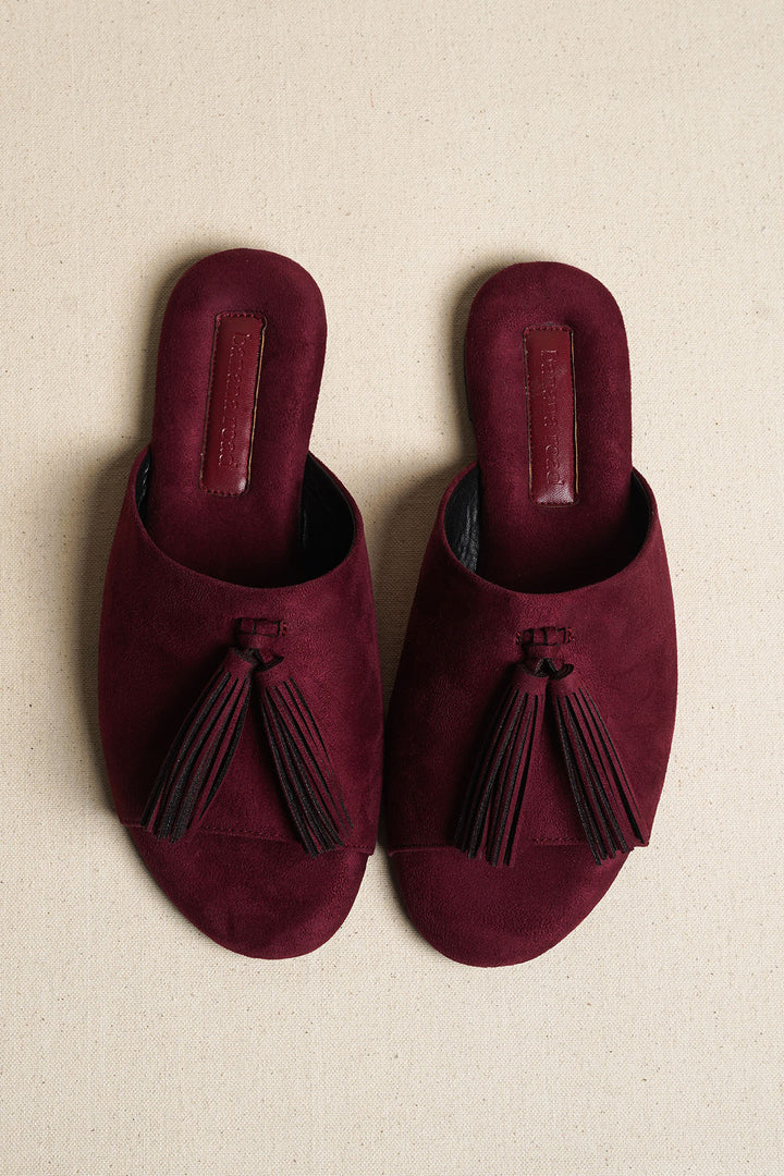 PLUM TROPIC TASSEL SLIDES