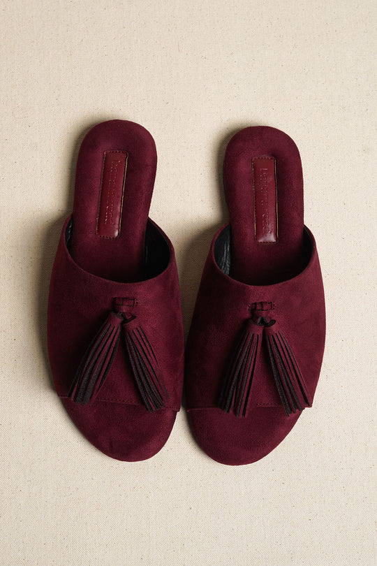 PLUM TROPIC TASSEL SLIDES