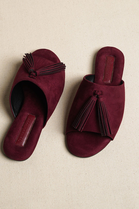 PLUM TROPIC TASSEL SLIDES