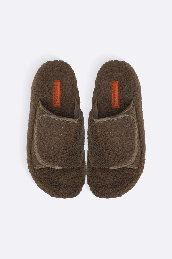KHAKI TEDDY FUR SLIDES