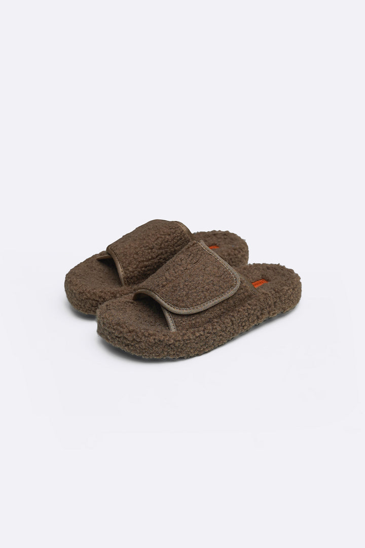 KHAKI TEDDY FUR SLIDES