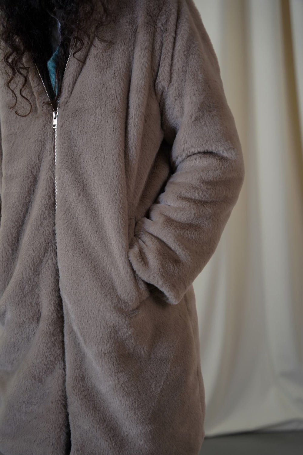 KHAKI LONG FUR JACKET