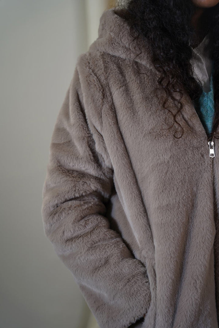 KHAKI LONG FUR JACKET