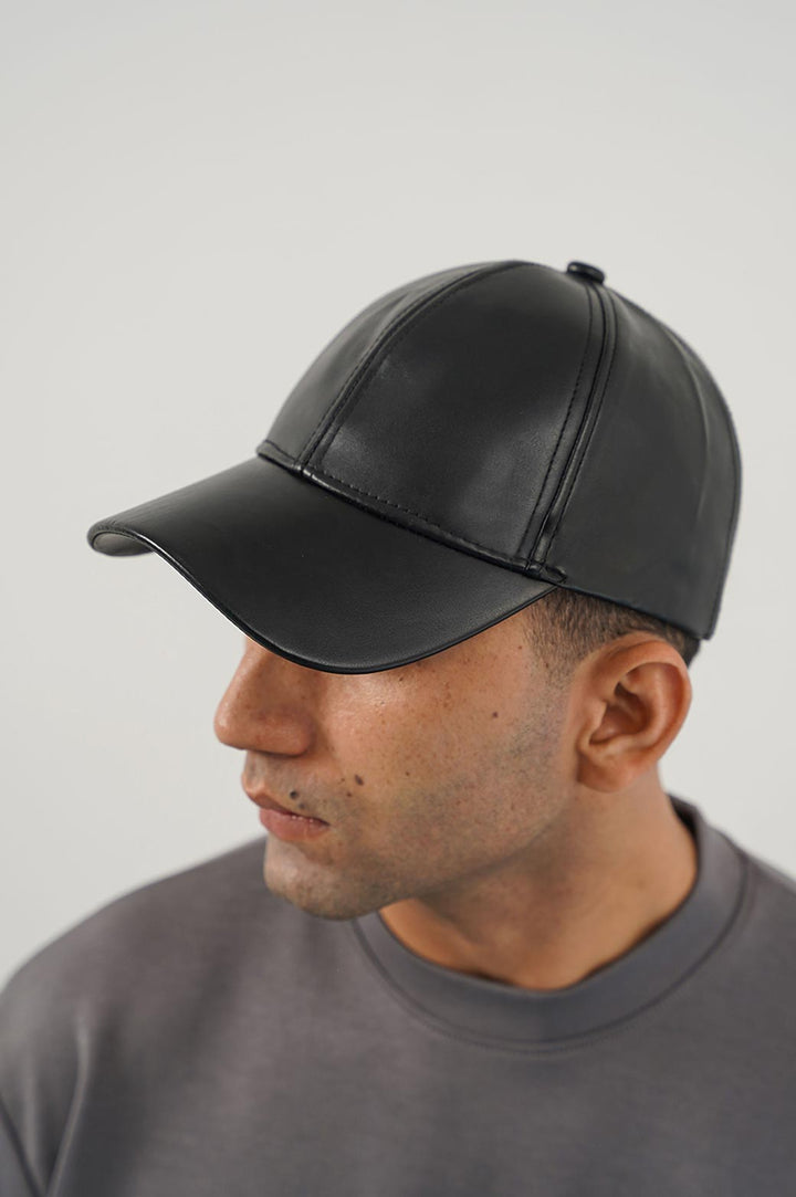 BLACK FAUX LEATHER CAP