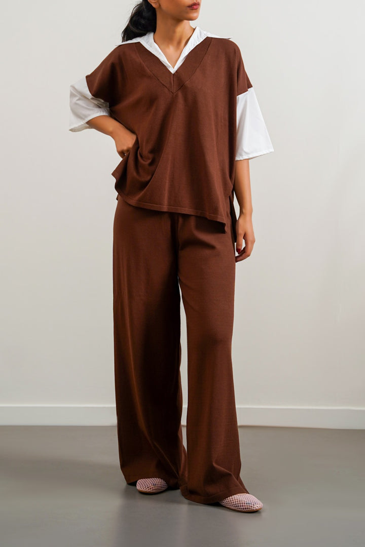BROWN SOFT-KNIT STRAIGHT TROUSERS - draft in sale period