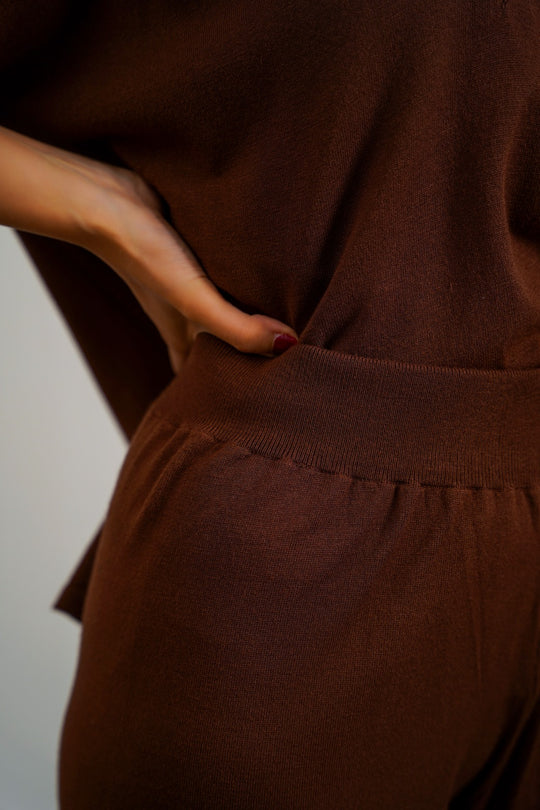 BROWN SOFT-KNIT STRAIGHT TROUSERS - draft in sale period