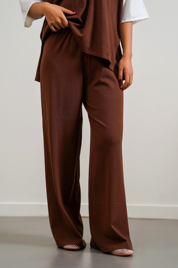 BROWN SOFT-KNIT STRAIGHT TROUSERS - draft in sale period