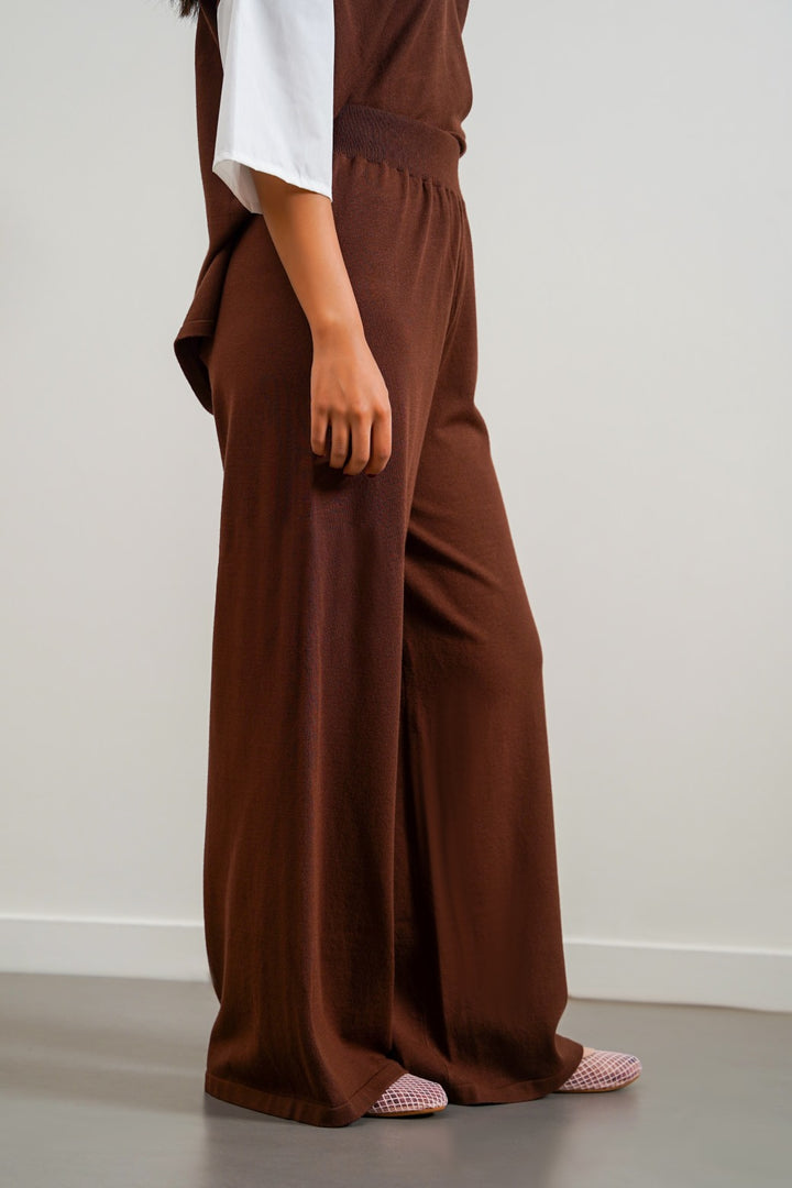 BROWN SOFT-KNIT STRAIGHT TROUSERS - draft in sale period