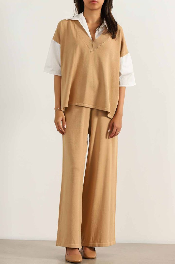 CAMEL SWEATER WITH ATTACHED SHIRT