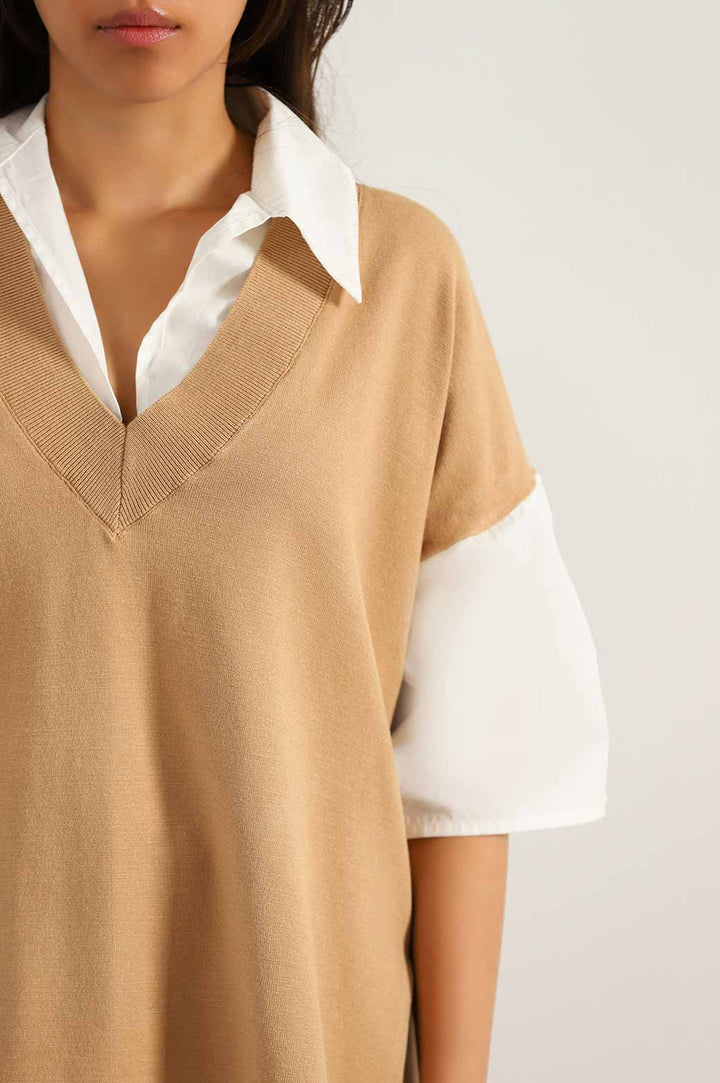 CAMEL SWEATER WITH ATTACHED SHIRT