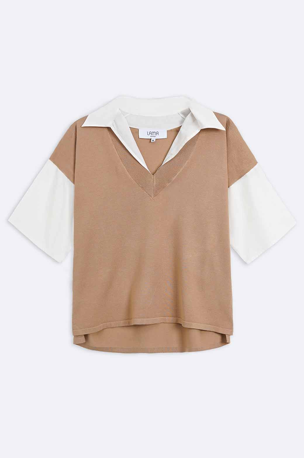 CAMEL SWEATER WITH ATTACHED SHIRT