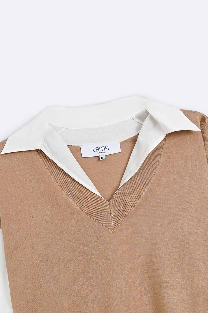 CAMEL SWEATER WITH ATTACHED SHIRT