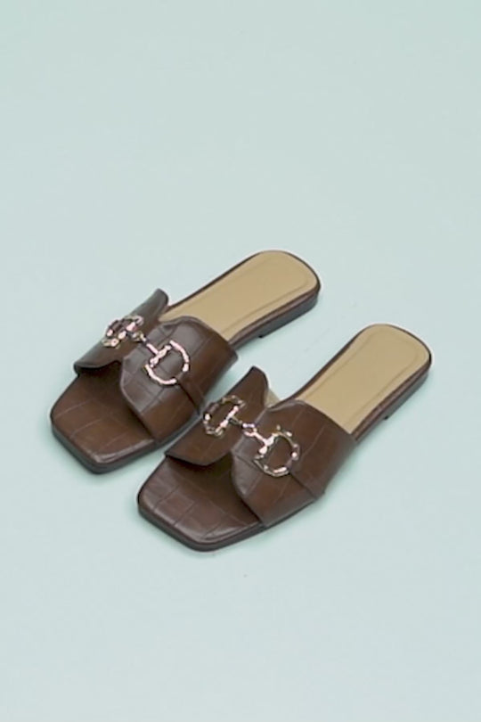 DARK BROWN CITY BUCKLE SLIDES