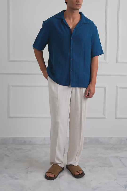 TEAL TEXTURED COTTON SAFARI SHIRT