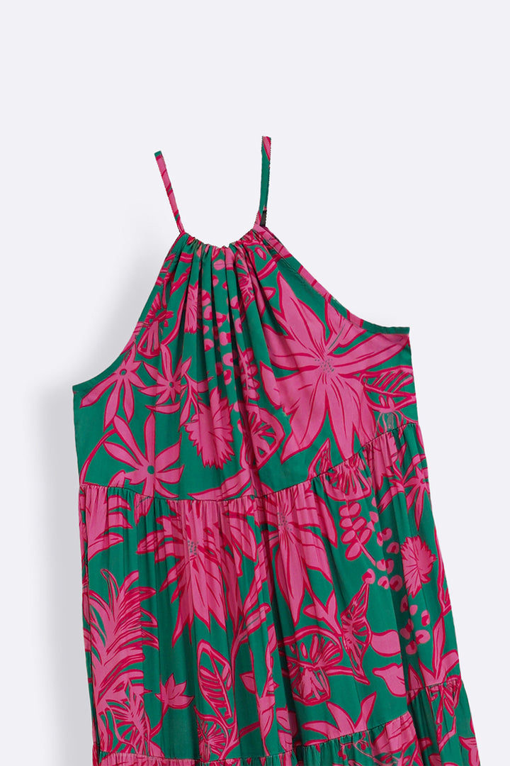 GREEN FLORA TIERED DRESS