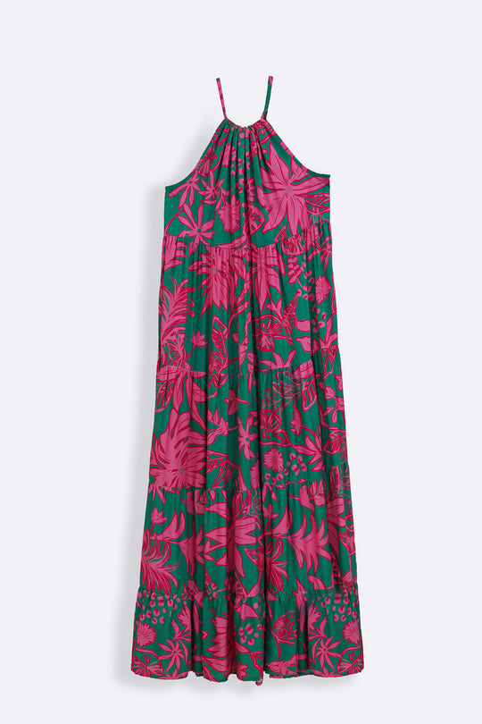 GREEN FLORA TIERED DRESS